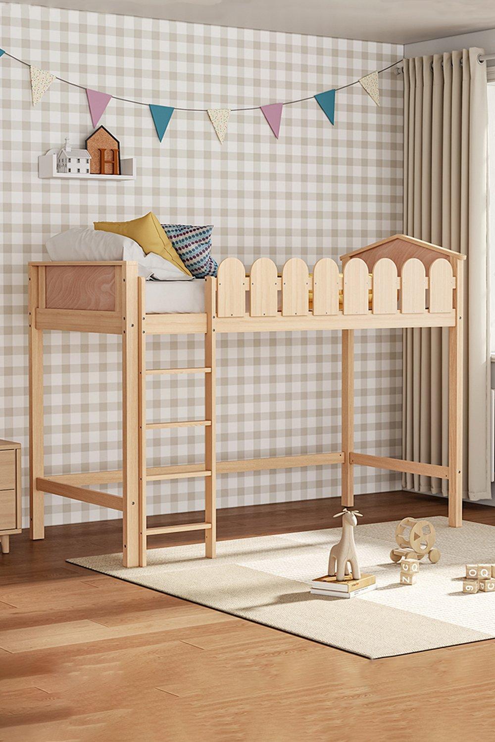 Pine Wood Loft Bed for Kids Room with Fence Rails