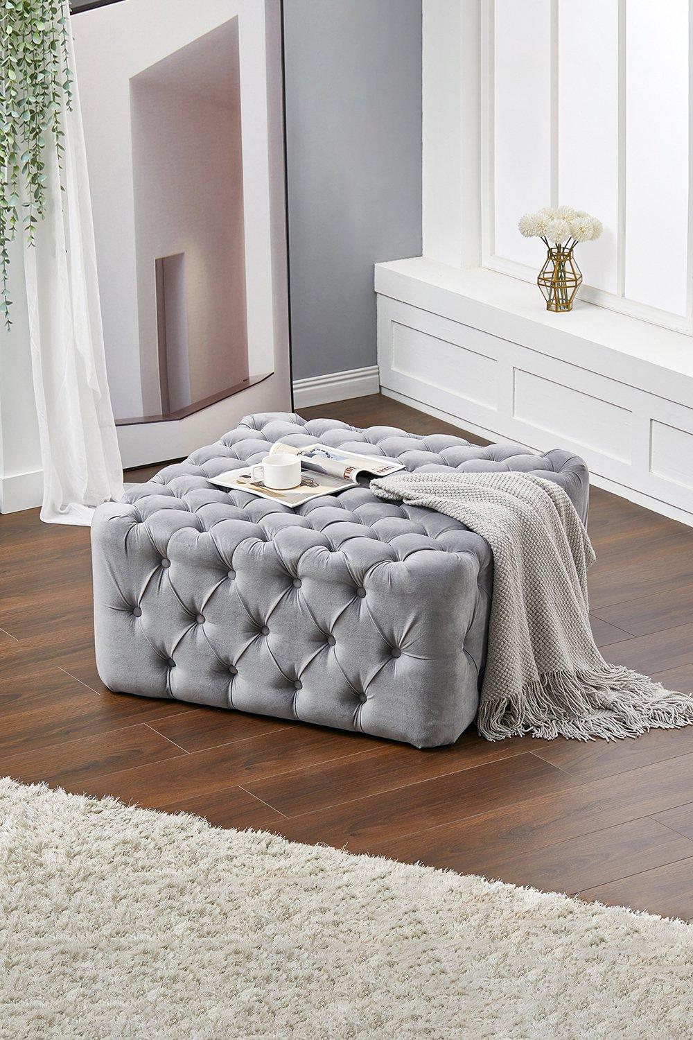 92cm W Grey Velvet Buttoned Tufted Square Footstool Coffee Table