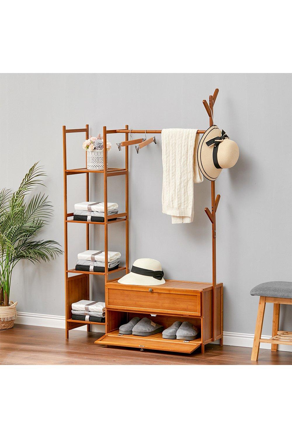 Freestanding Bamboo Clothes Rack with Shelves and Dustproof Flap