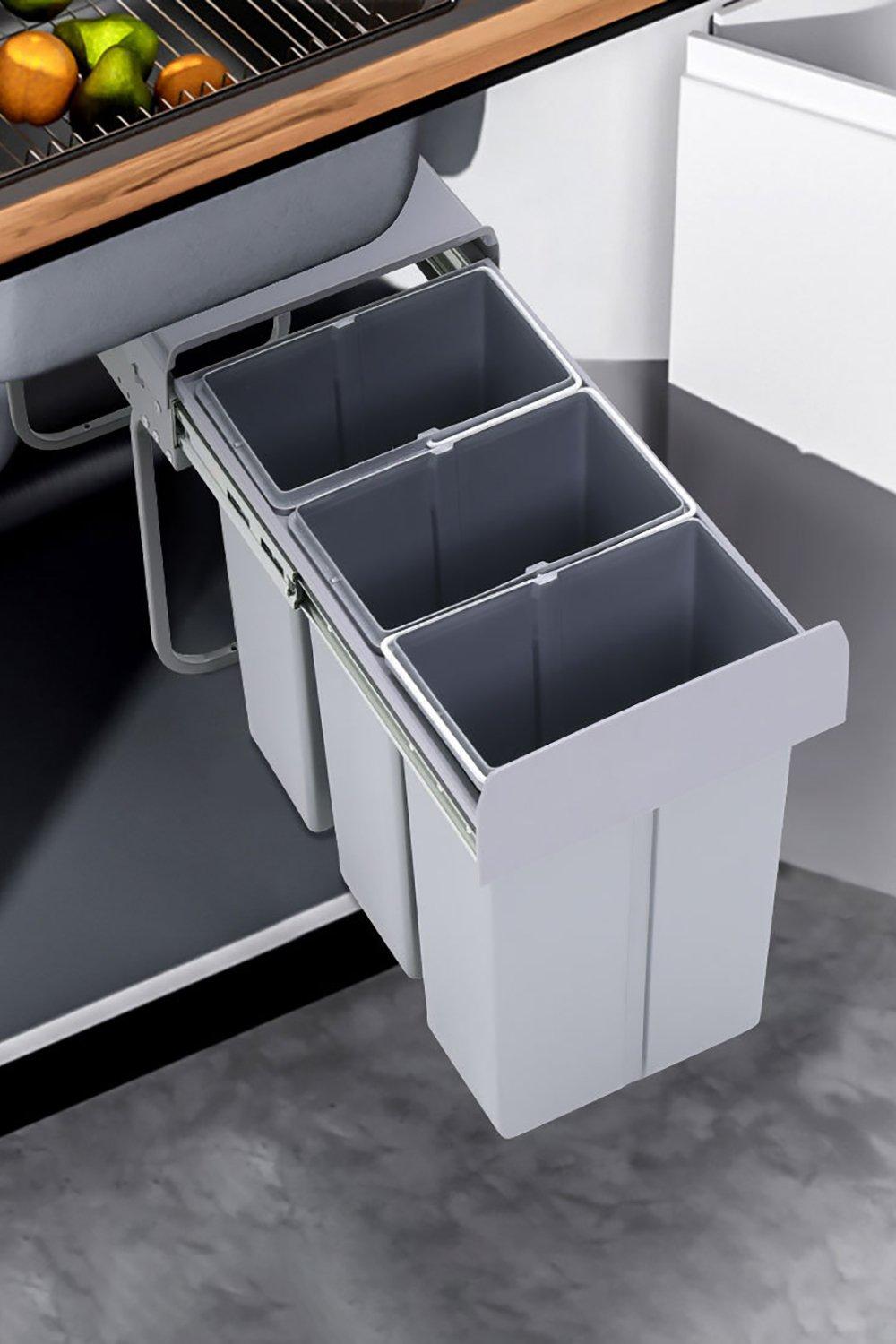30L 3-Compartment Waste Bin Cabinet Pull-out Trash Can Kitchen