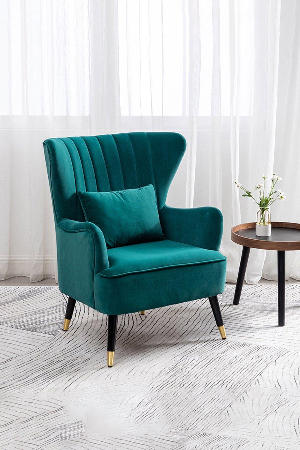 Green Velvet Stripe Curved Wing Back Armchair with Pillow