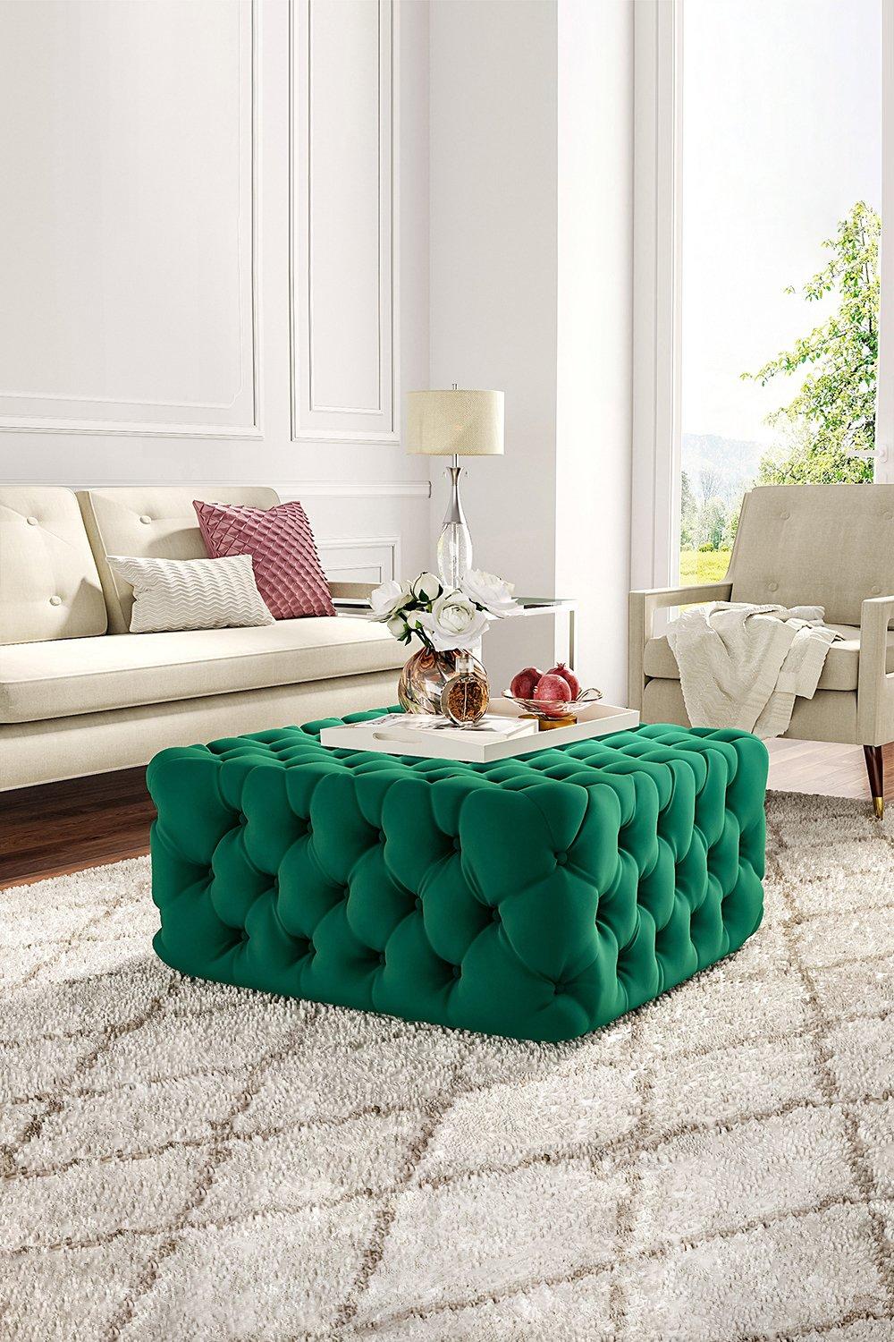 82cm W Green Velvet Buttoned Tufted Square Footstool Coffee Table