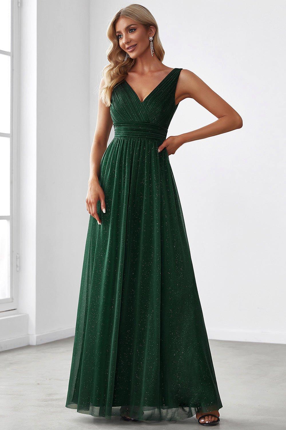 Double V Neck Floor Length Sparkly Evening Dresses for Party