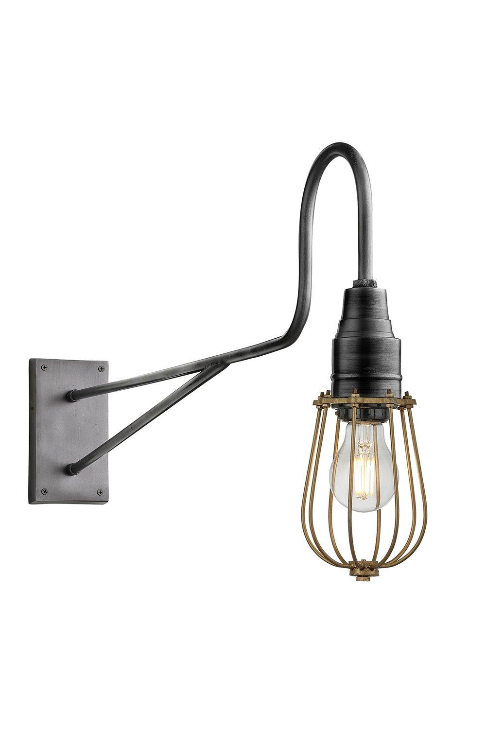 Long Arm Wire Cage Wall Light, 4 Inch, Brass, Pewter Holder