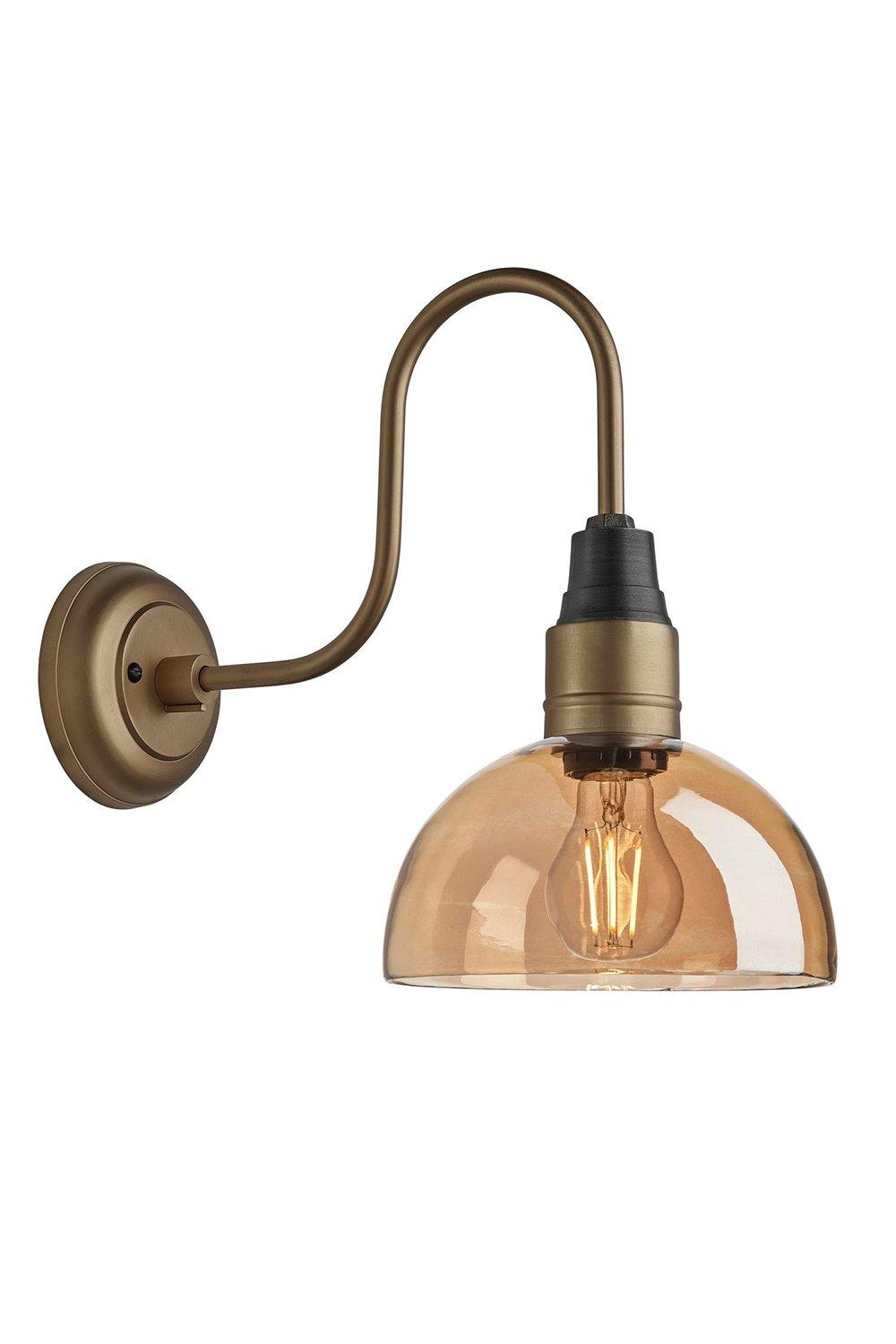 Swan Neck Tinted Glass Dome Wall Light, 8 Inch, Amber, Brass Holder