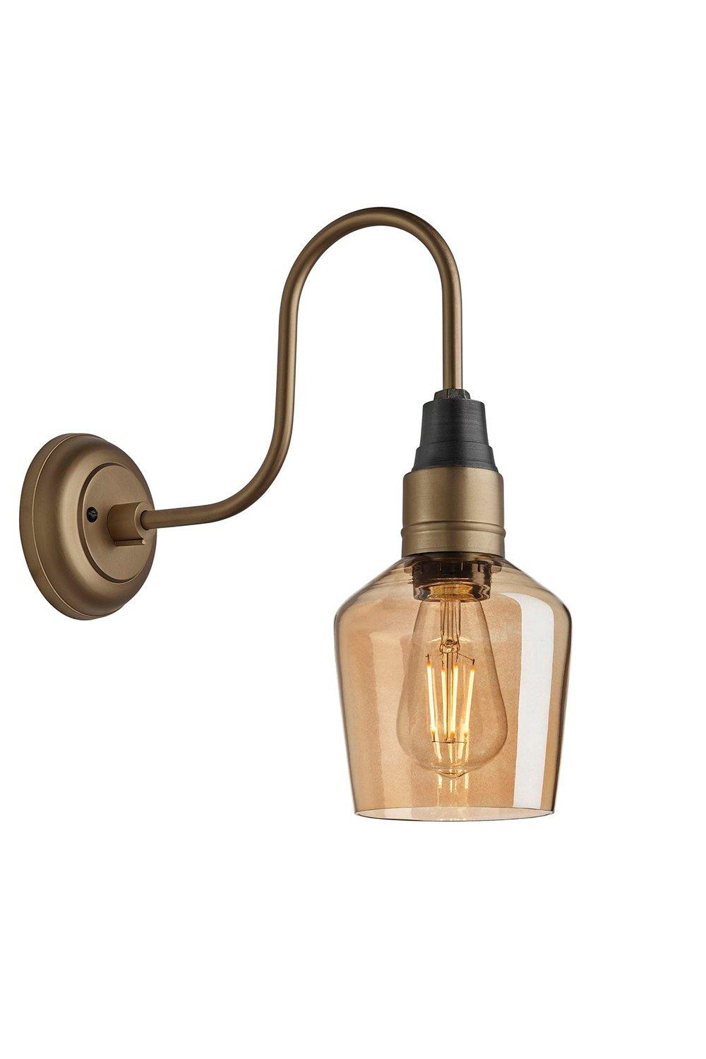 Swan Neck Tinted Glass Schoolhouse Wall Light, 5.5 Inch, Amber, Brass Holder