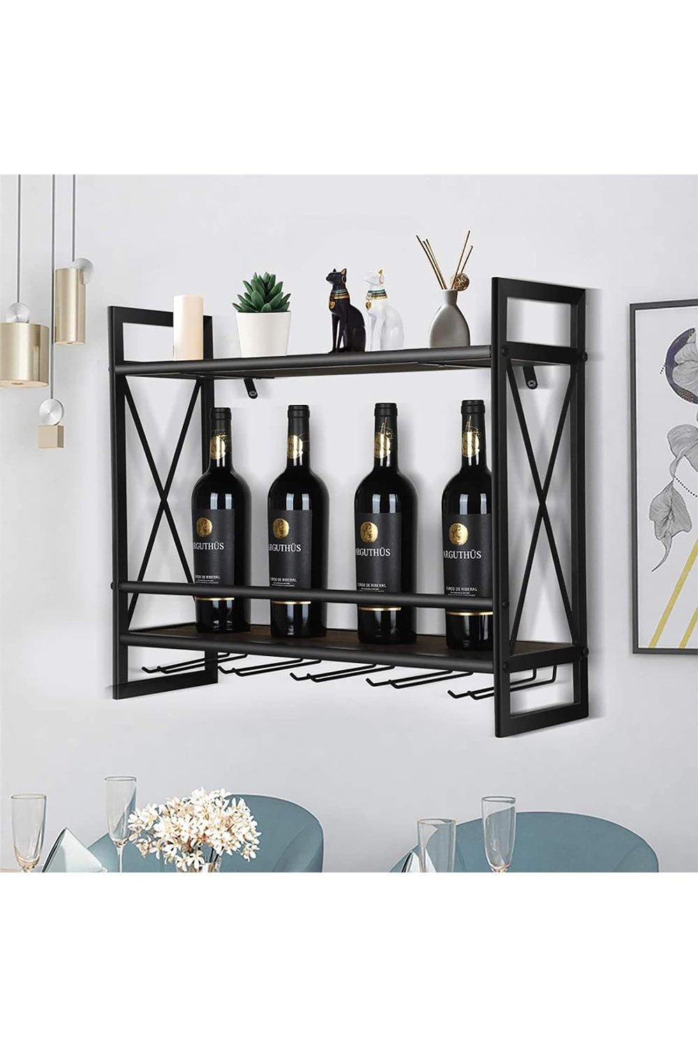 2-Tier Wall-Mounted Hanging Wine Storage Rack Floating Shelf with 5 Glass Holder