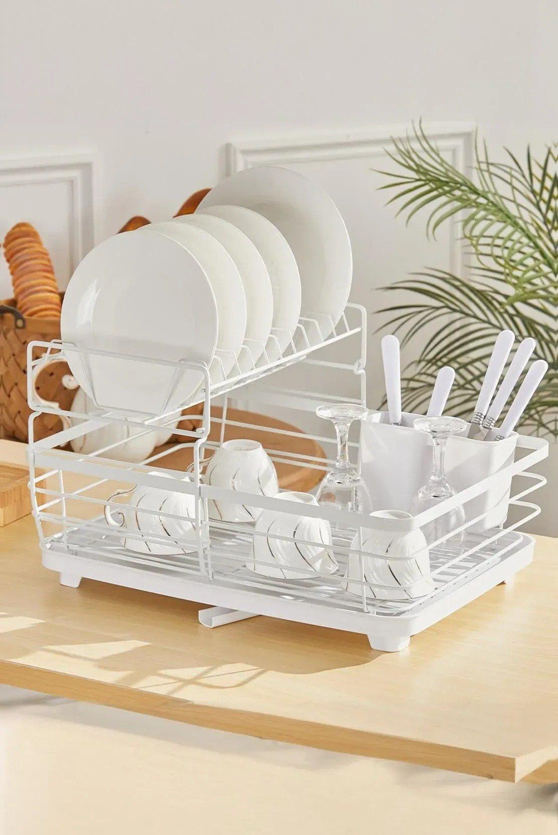 2-Tier Metal Dish Drainer Rack Plate Draining Tray Board with Kitchen Utensil Holder