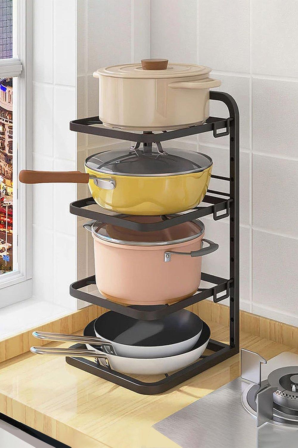 4-Tier Standing Pot Pan Organizer Rack Adjustable Cookware Holder Kitchen