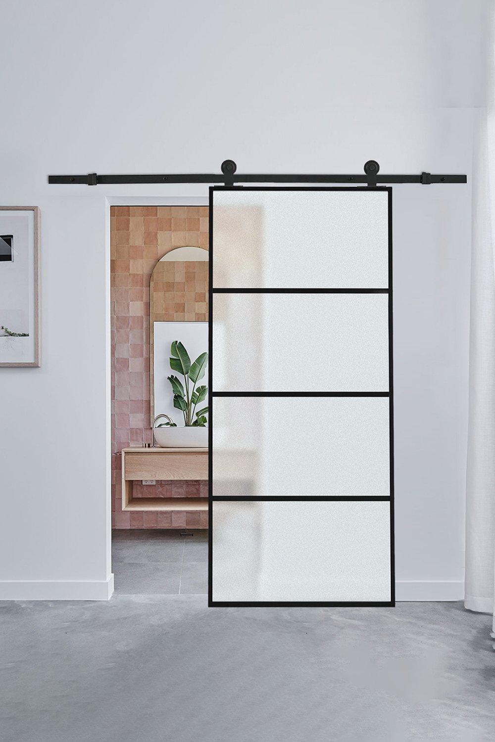Frosted Glass Black Barn Door with Sliding Hardware Kit