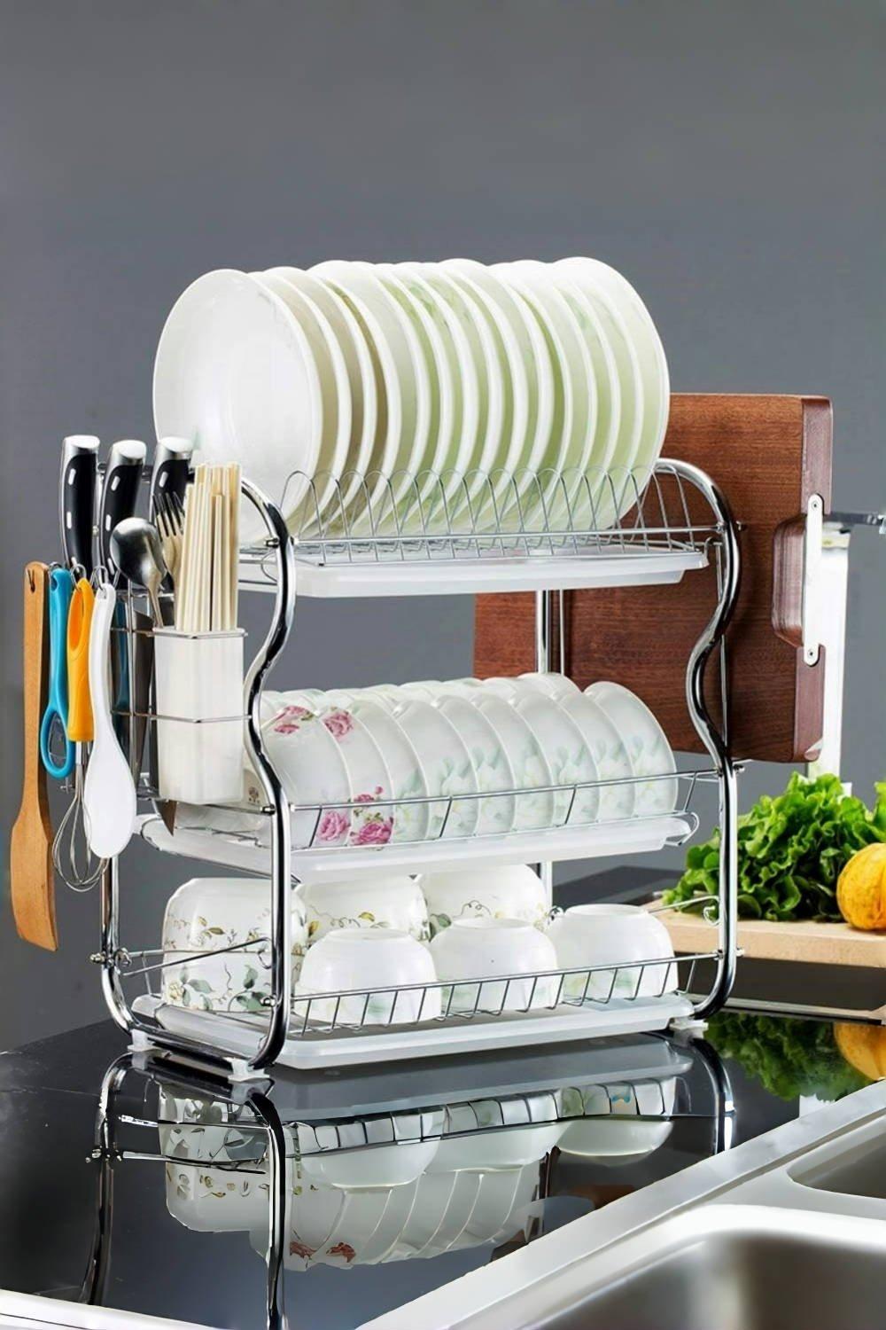Dish Drying Rack Drainer Cup Plate Holder Cutlery Tray Kitchen Organis