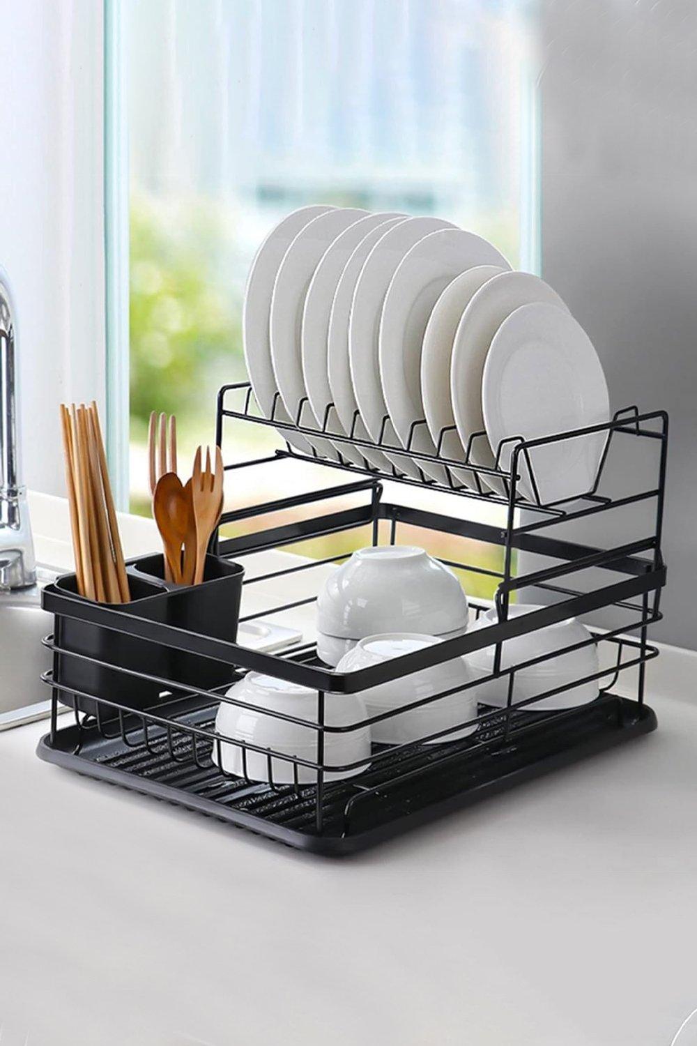 Kitchen 2-Tier Metal Dish Drainer Rack Detachable Storage Drip Tray Sink Washing Plates Draining Boa
