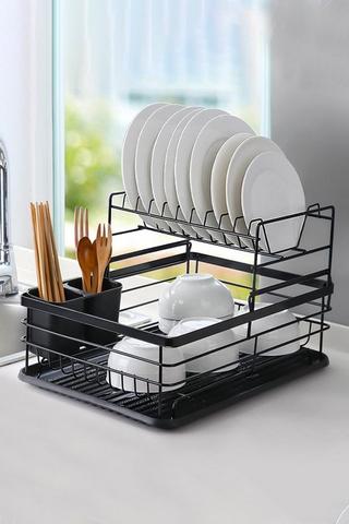 Product Kitchen 2-Tier Metal Dish Drainer Rack Detachable Storage Drip Tray Sink Washing Plates Draining Board Black