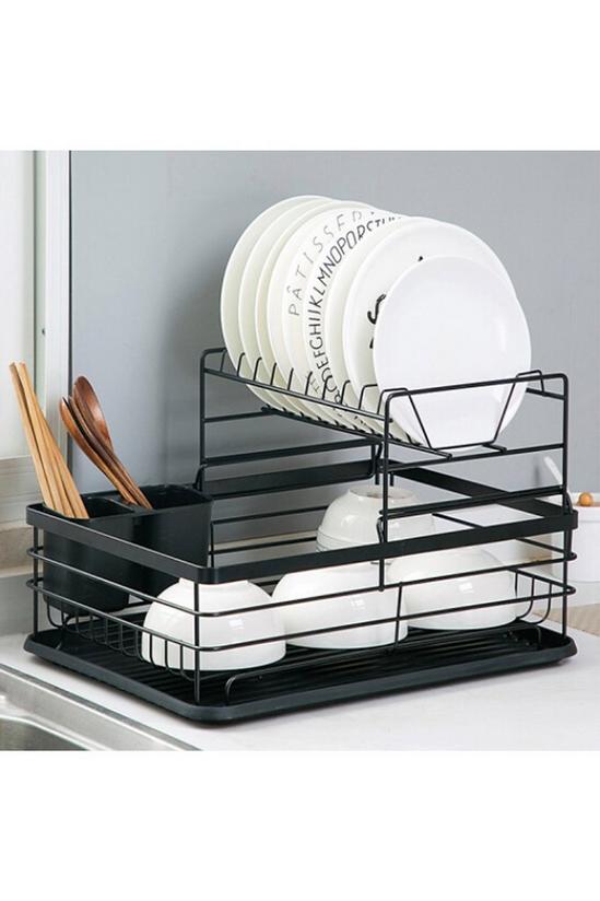 Living and Home Kitchen 2-Tier Metal Dish Drainer Rack Detachable Storage Drip Tray Sink Washing Plates Draining Board 4