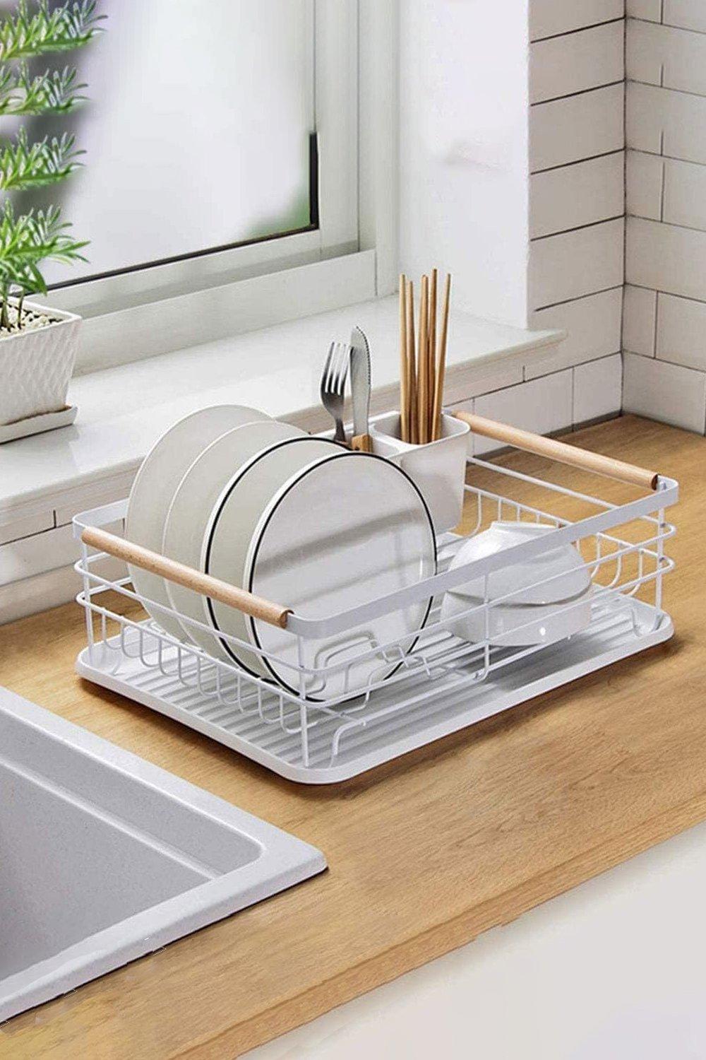 Kitchen Metal Dish Drainer Rack Organizer Sink with Removable Drip Tray