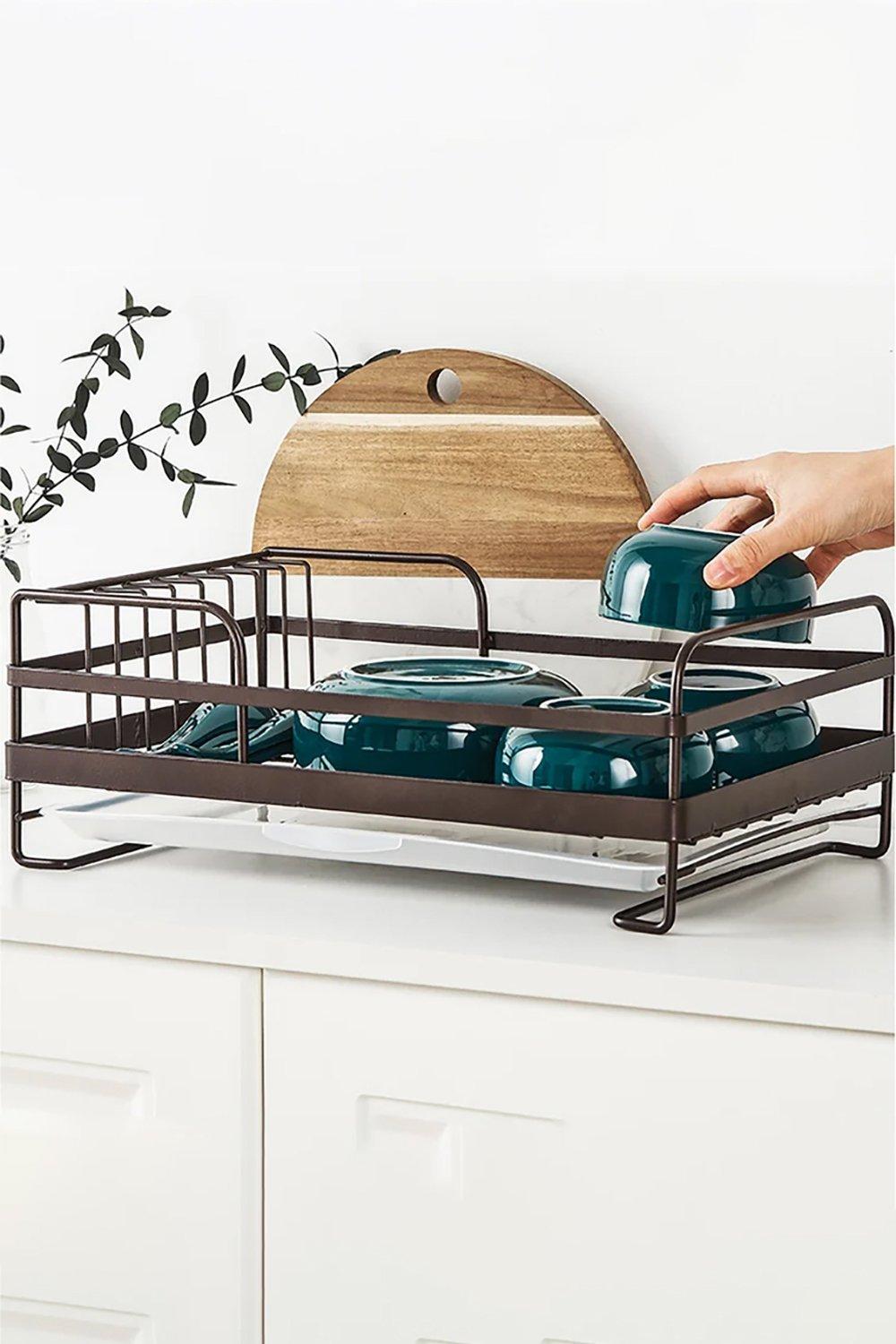 Kitchen Metal Dish Drainer Rack with Removable Drip Tray Sink Brown