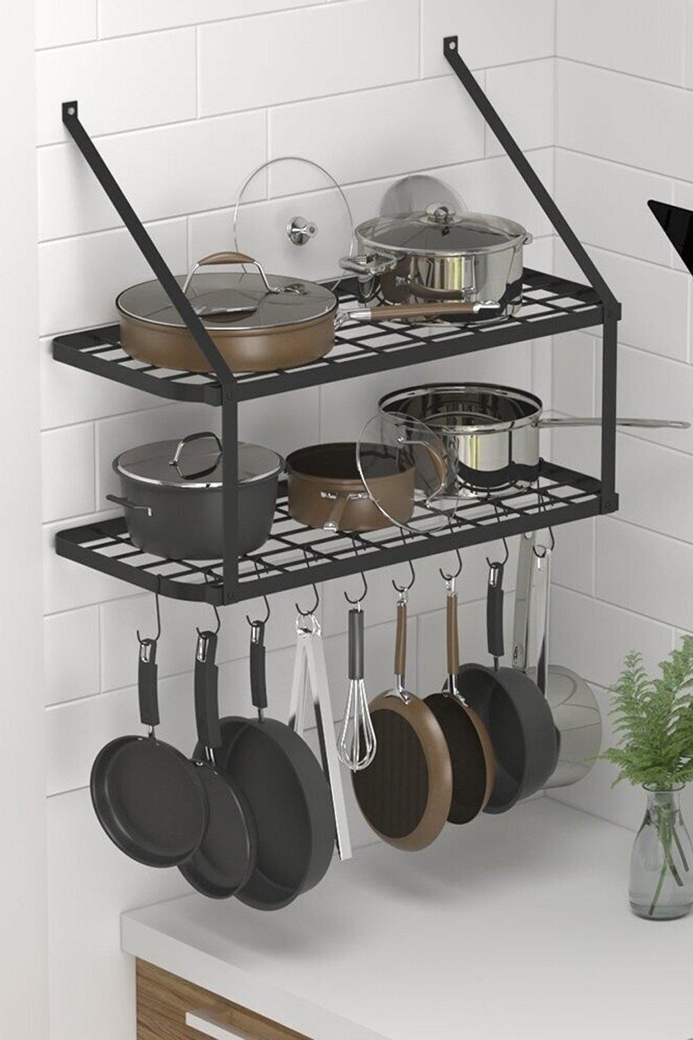 2 Tiers  Wall-Mounted Pan Rack Shelf Pot Holders Storage Drainer with 10 Hooks