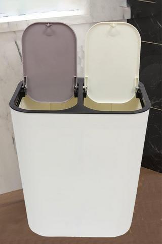 Product 15L 2 Compartments Rubbish Dustbin Double Recycling Bin 2 Section Trash Can Dry Wet Separation Sorting Push-type Spring Lid Kitchen White
