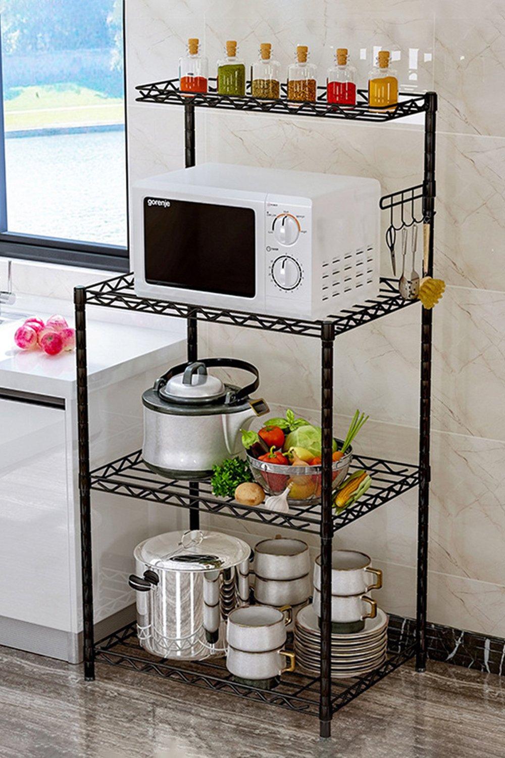 4-Tier Microwave Storage Rack Shelf Organiser with Hooks for Kitchen