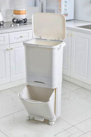 Product 42L Rubbish Dustbin Pedal Recycling Bin Compartments Removable Waste Trash Kitchen with Drawer & Wheels & Hooks White