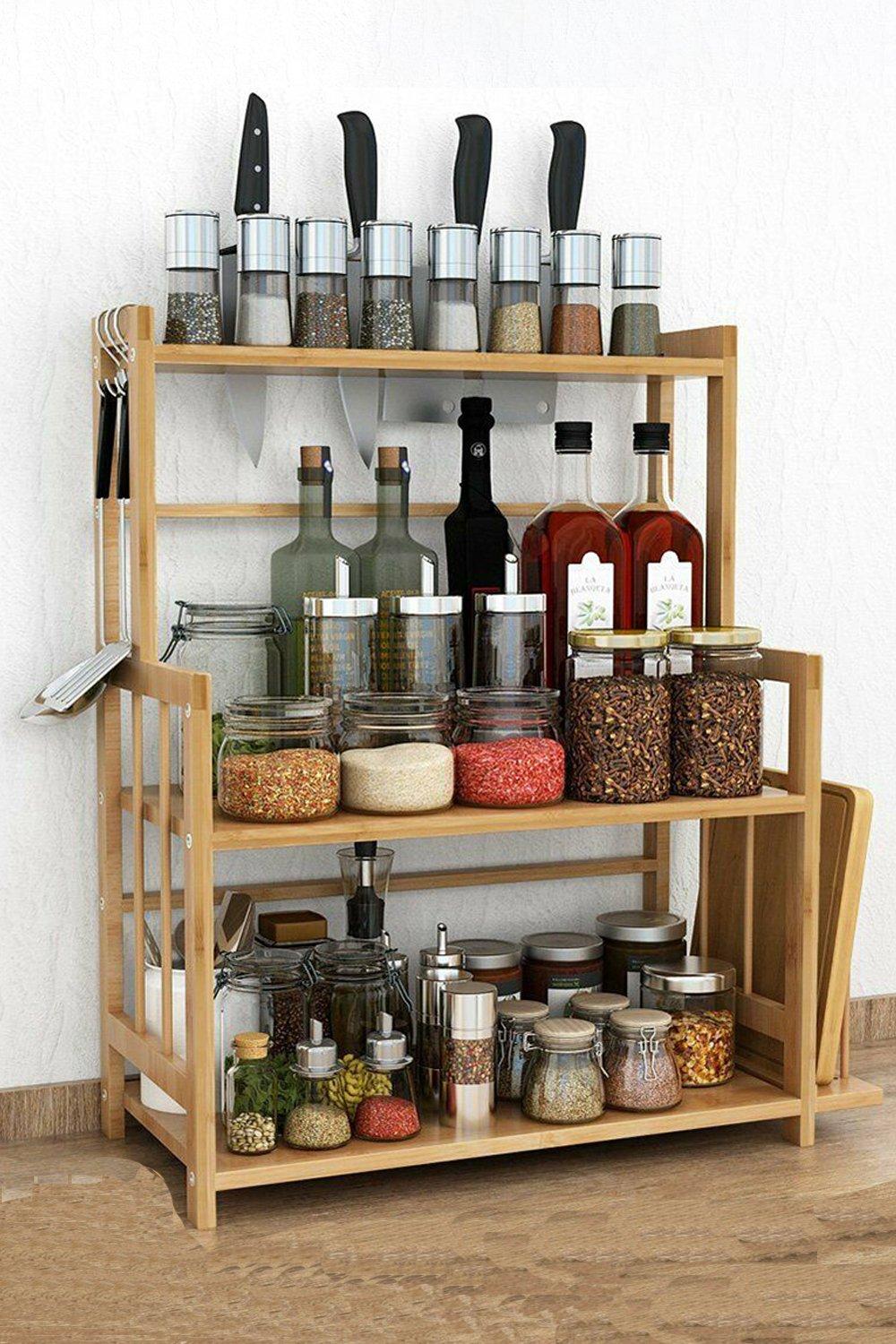 3 Tier Freestanding Bamboo Spice Rack Storage Organizer Kitchenware Drainer with Knife Holder for Kitchen