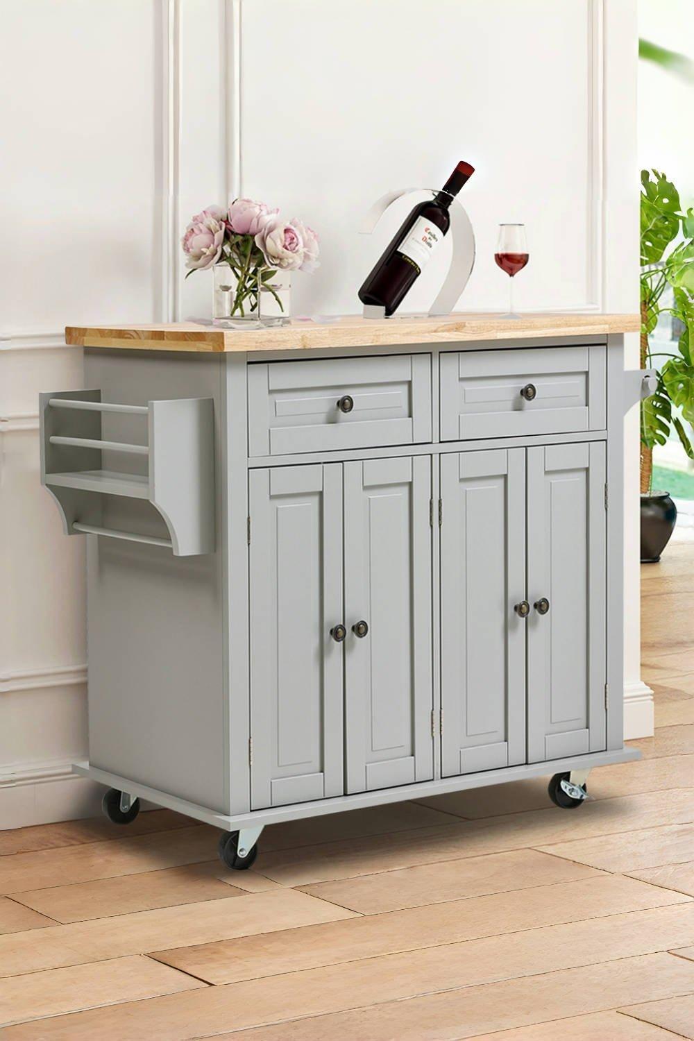 Modern Rolling Wooden Kitchen Island Cart with 2 Storage Cabinet , 2 Drawer & Side Rack