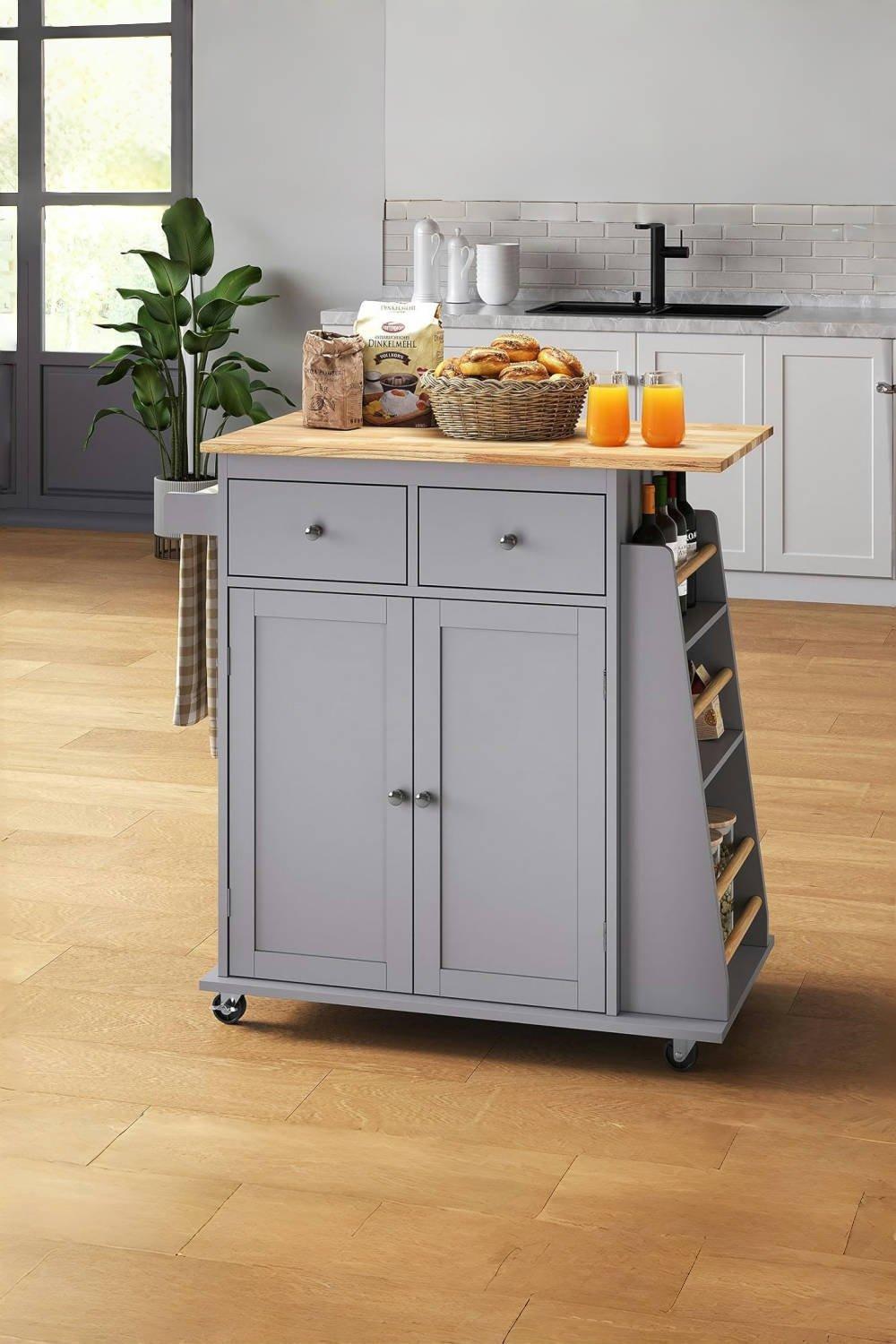 Rolling Kitchen Trolley Cart with Rubber Wood Top , 2-Tier Shelves , 2 Drawers & 3-Tier Storage Cabi