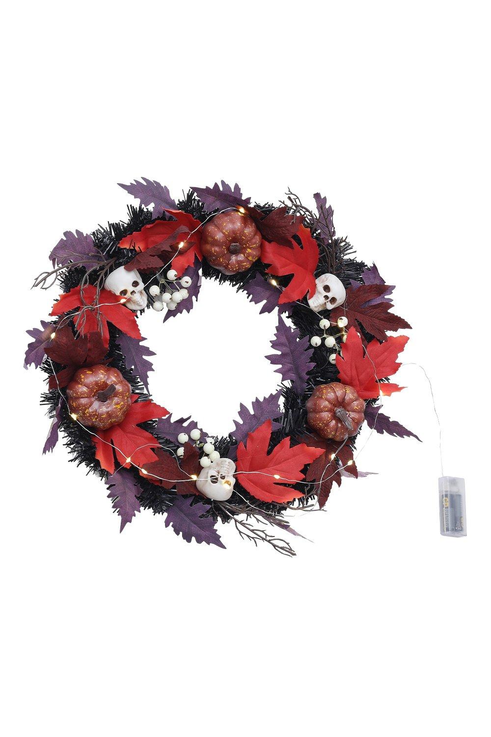 D45cm Halloween LED Maple Leaves Wreath with Skulls