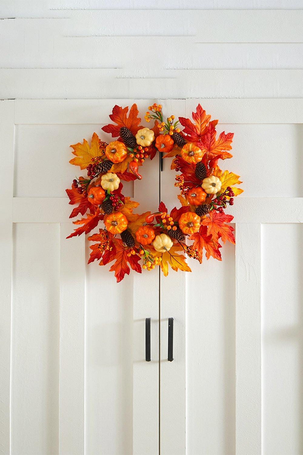 D60cm Autumn Maple Leaves Pumpkins Wreath Door Decor