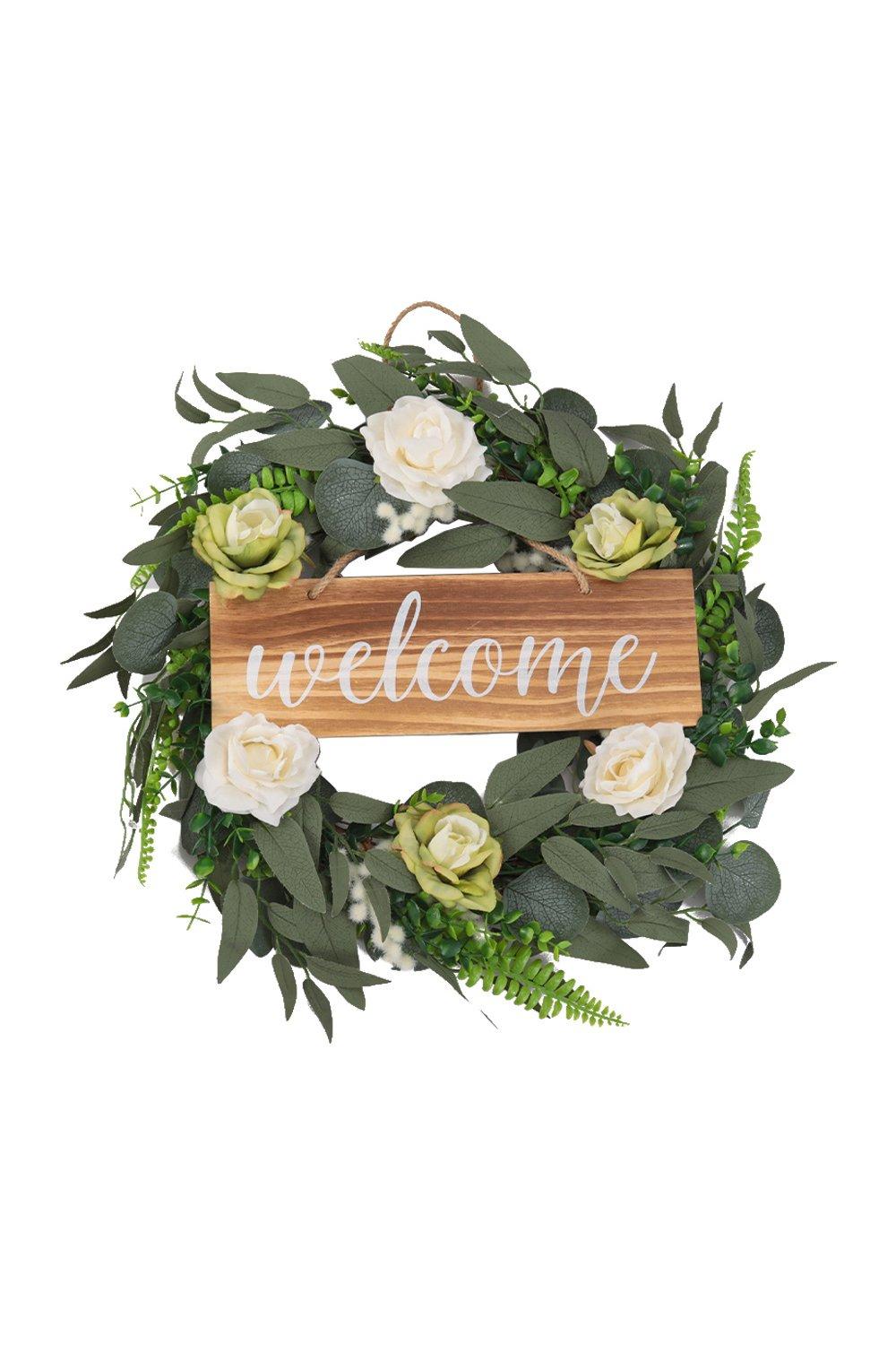 D45cm Farmhouse Door Artificial Rose Flower Wreath Welcome Sign