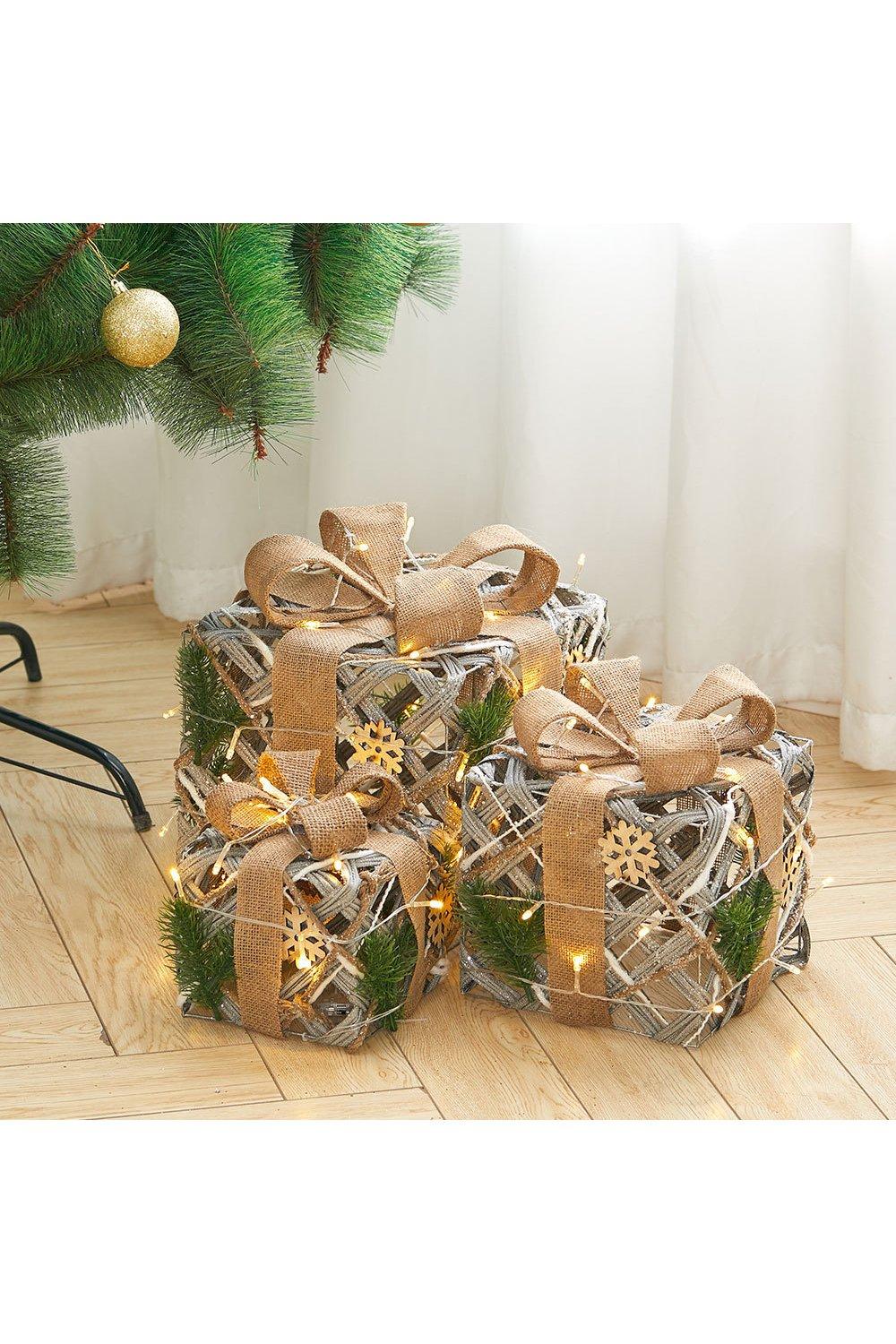 3 Pcs Christmas Decorative Gift Cube Box with Pine Bowknot Home Decor