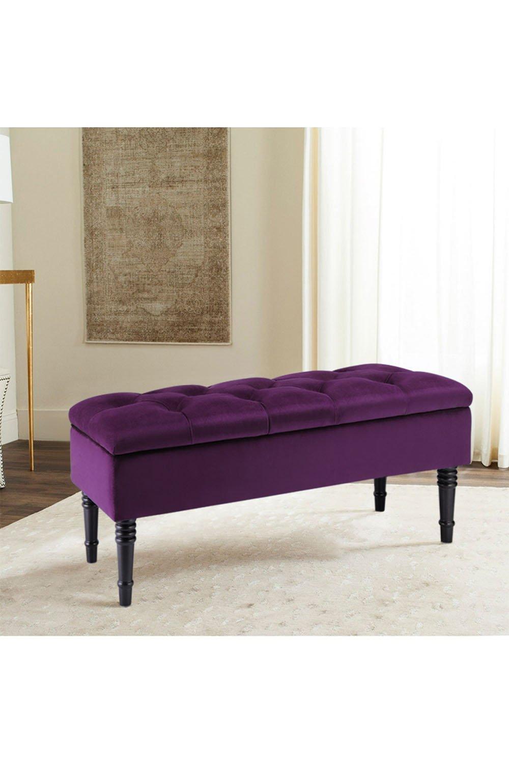 Purple Buttoned Tufted Velvet Storage Ottoman Bench with Rubberwood Legs Luxury Bed End Stool