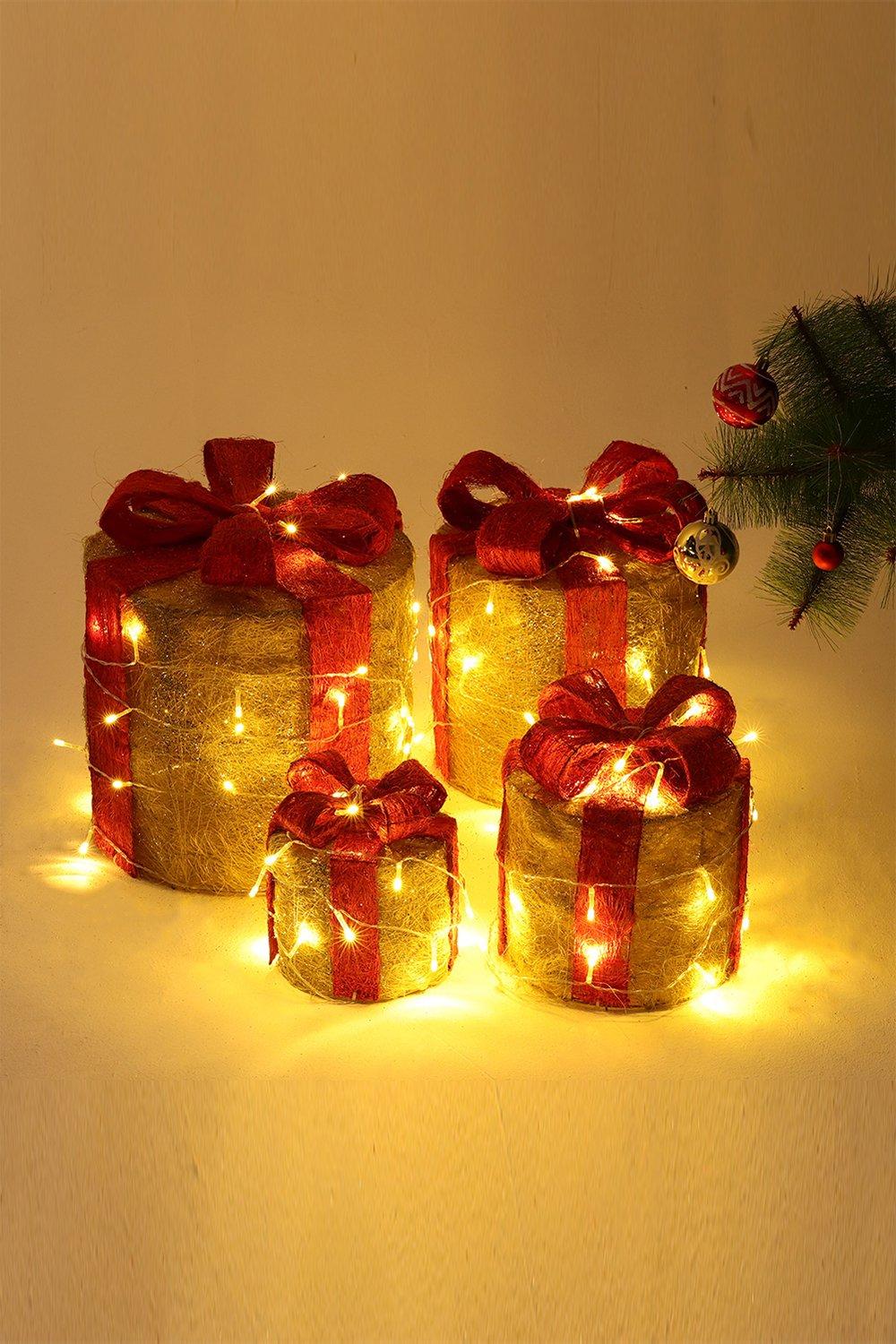 4Pcs Round Christmas Gift Boxes with LED Light Bowknot Decor