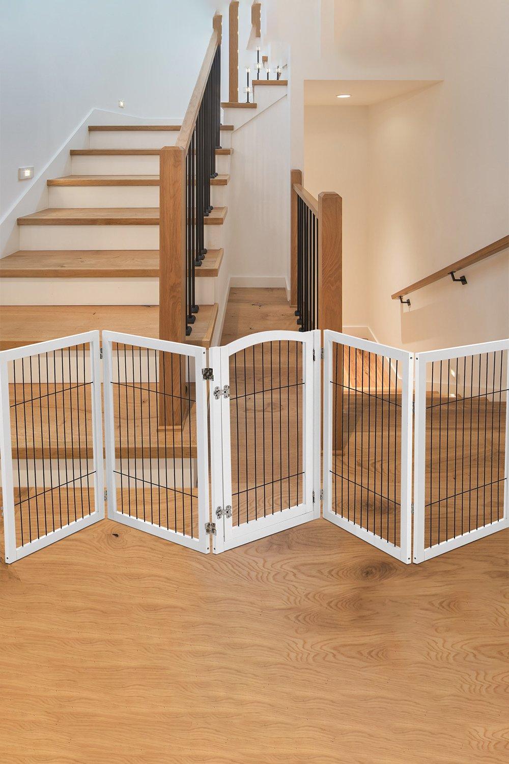 5-Panel Freestanding Foldable Wooden Pet Playpen Dog Door Gate Indoor 80cm H