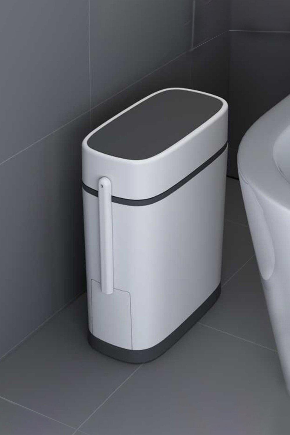 Bathroom Slim Plastic Trash Can with Built-in Toilet Brush