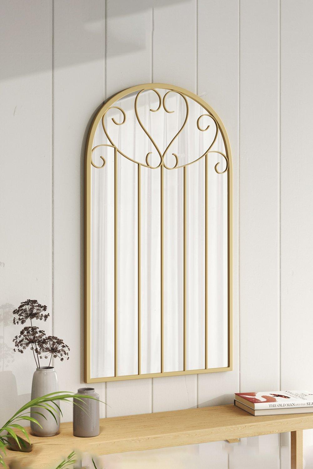 Gold Arched Windowpane Metal Wall Mirror