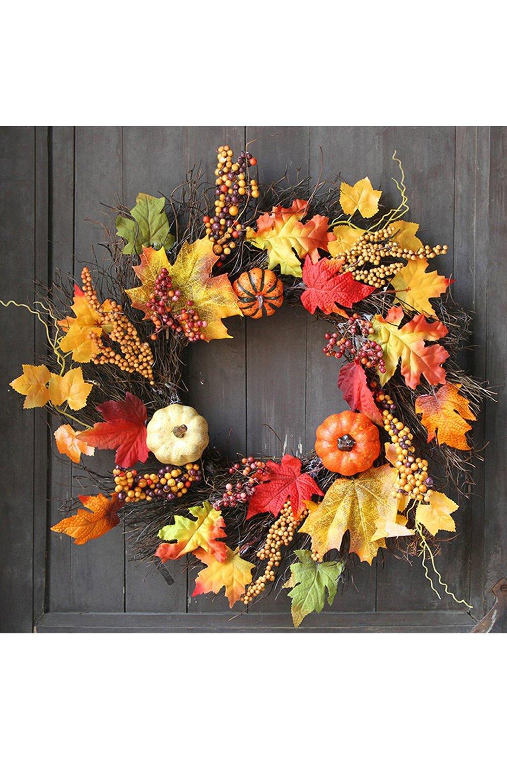Rustic Battery Operated LED Fall Wreath with Artificial Maple Leaves Halloween Decoration