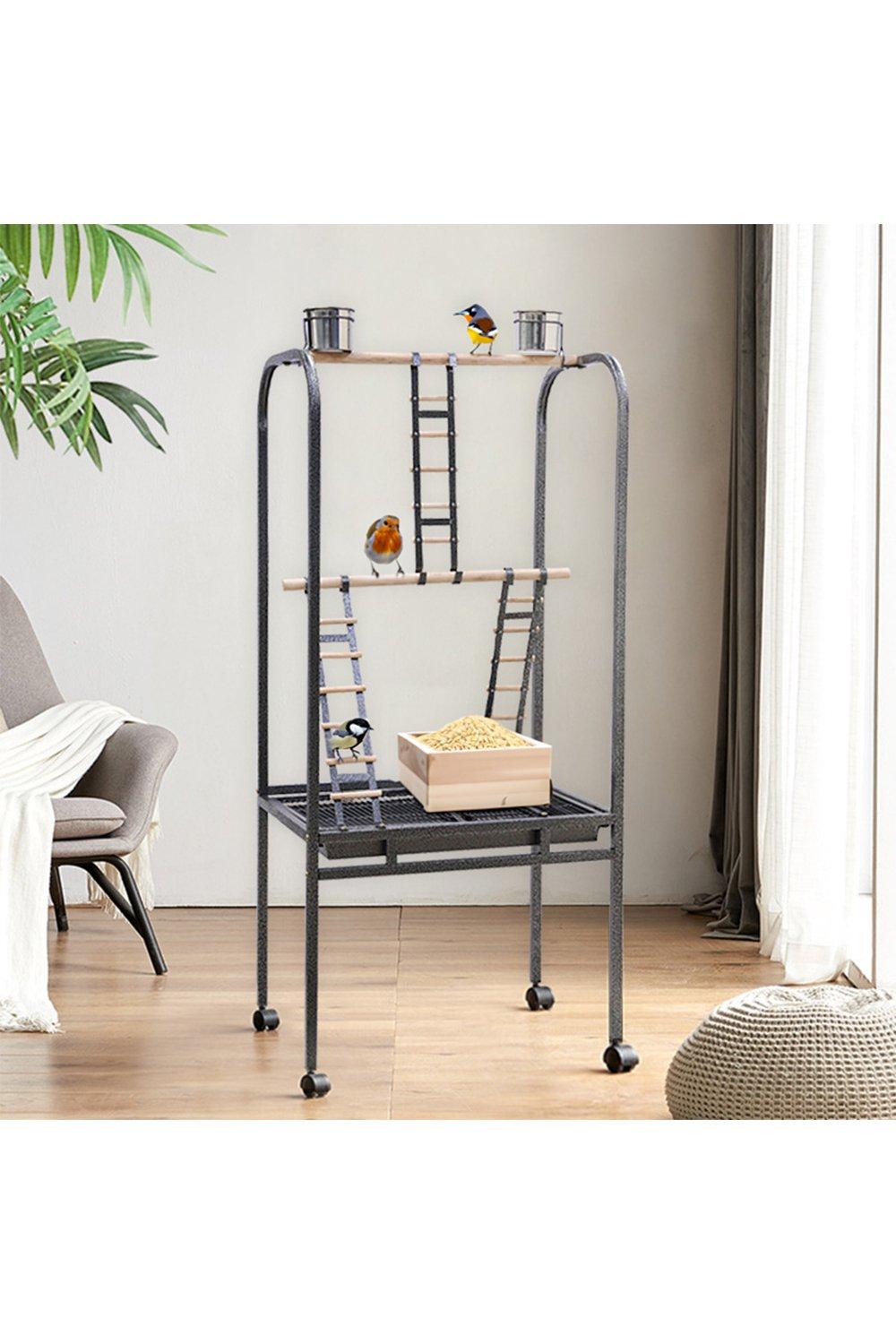 140cm Metal Frame Bird Play Stand with Feeding Bowls and Ladders