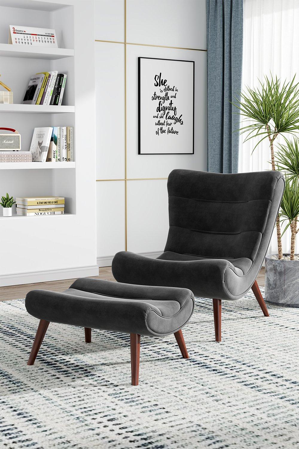 Black Modern Velvet Curved Armless Recliner with Footstool