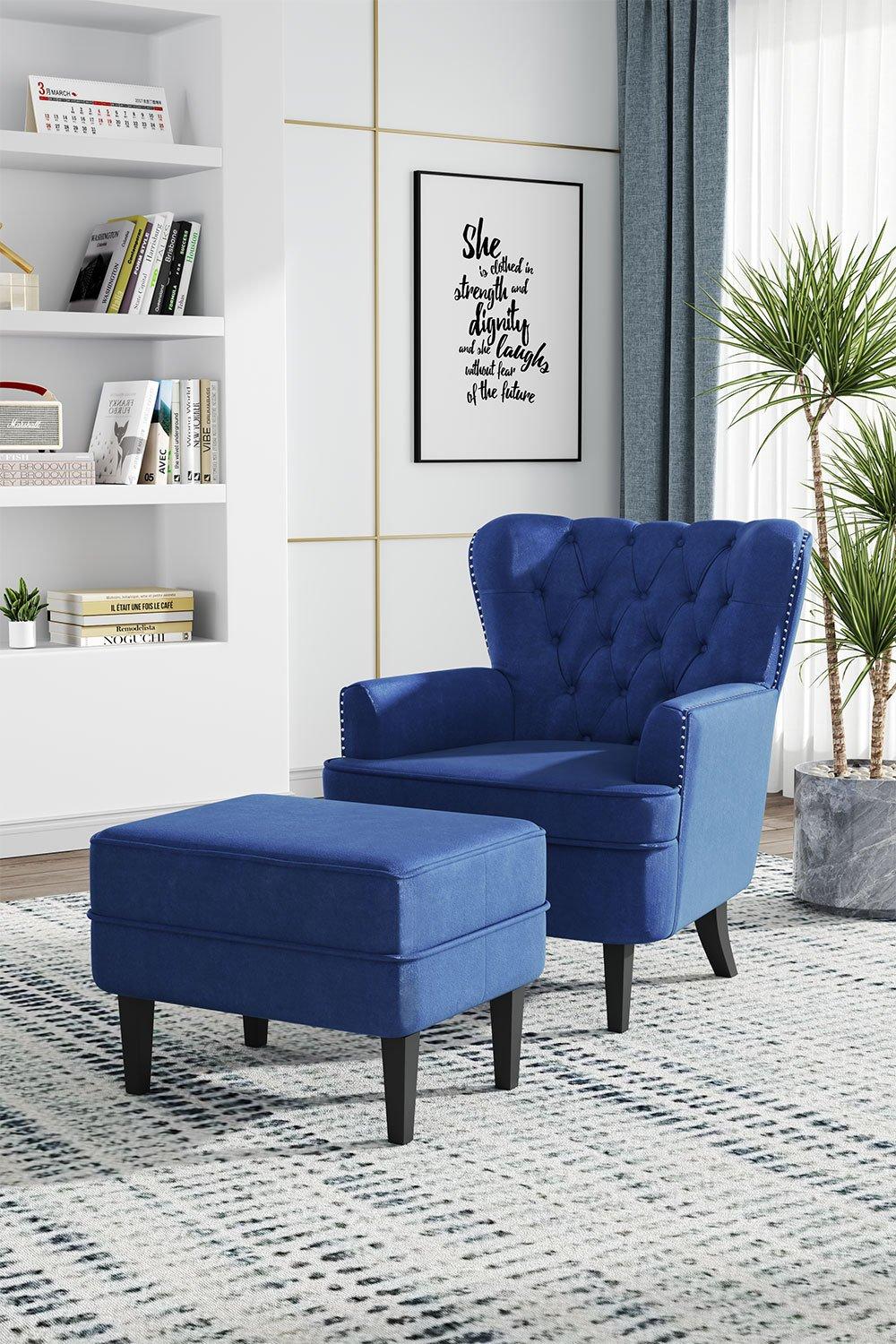 Blue Velvet Button Tufted Nailhead Accent Armchair with Footstool