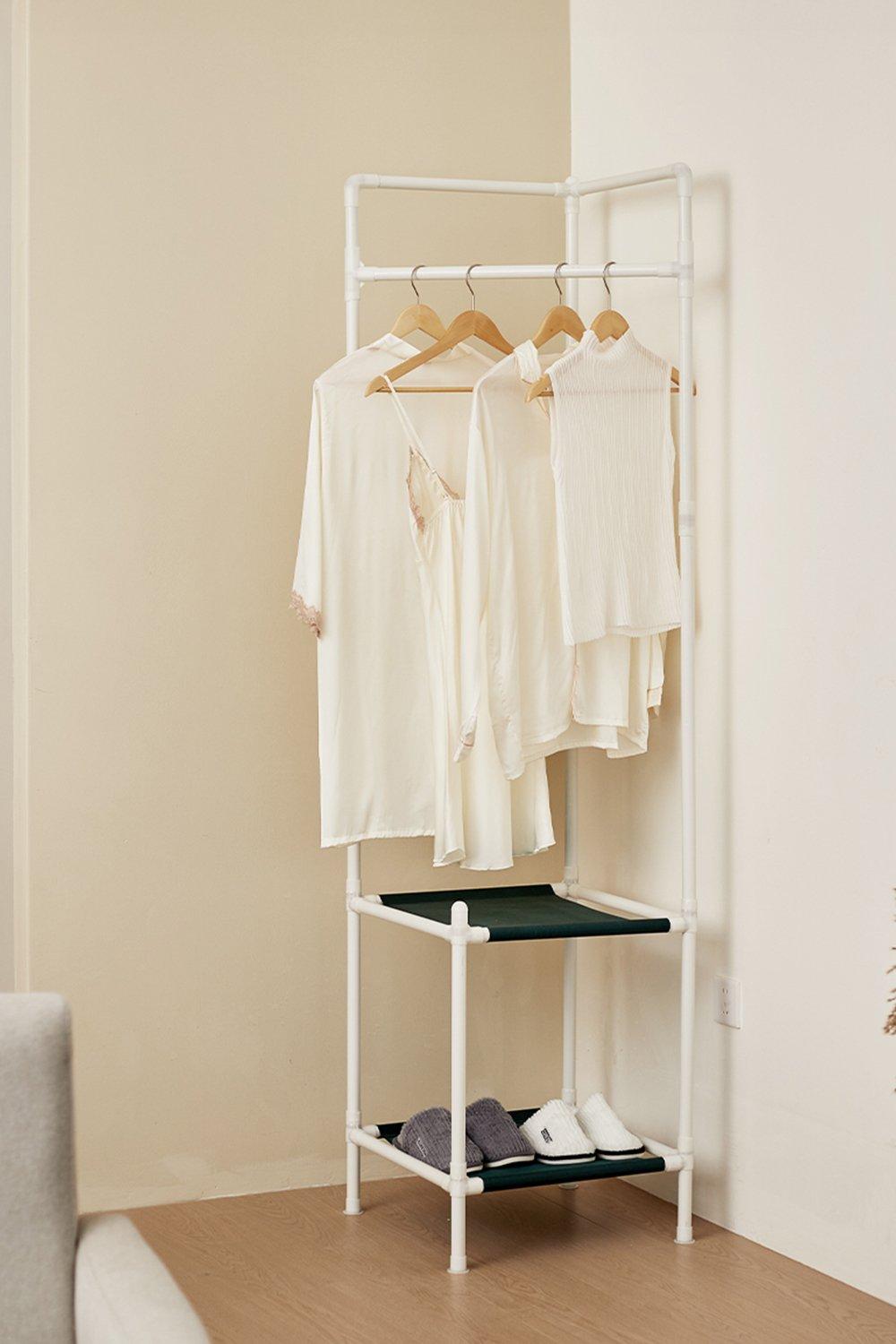Corner Clothing Rack with 2 Tier Shelves