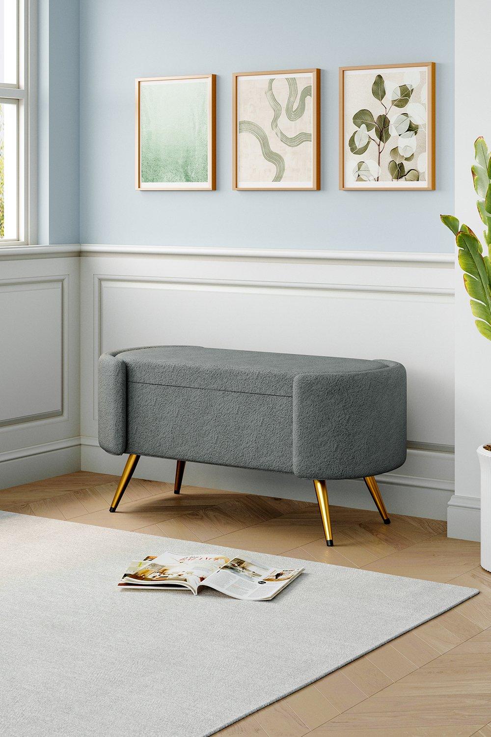 Grey Polar Fleece Oval Accent Bench with Gold Metal Legs Bedroom Bed End Stool