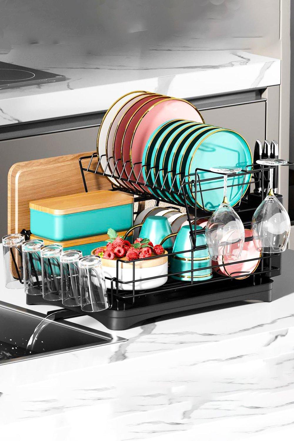 2-Tier Detachable Dish Drainer Rack Multifunctional Drainage Rack with Cup Holder and Kitchen Utensi