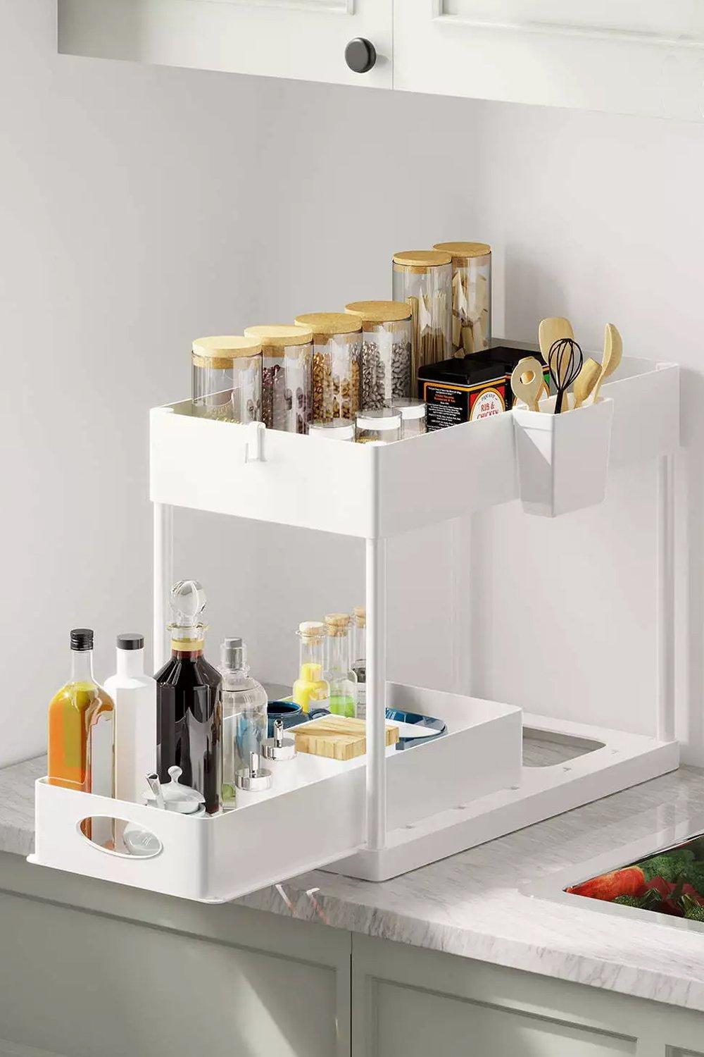 2-Tier Kitchen Spice Rack Cabinet Organizer Sliding Drawer for Cosmetics Storage