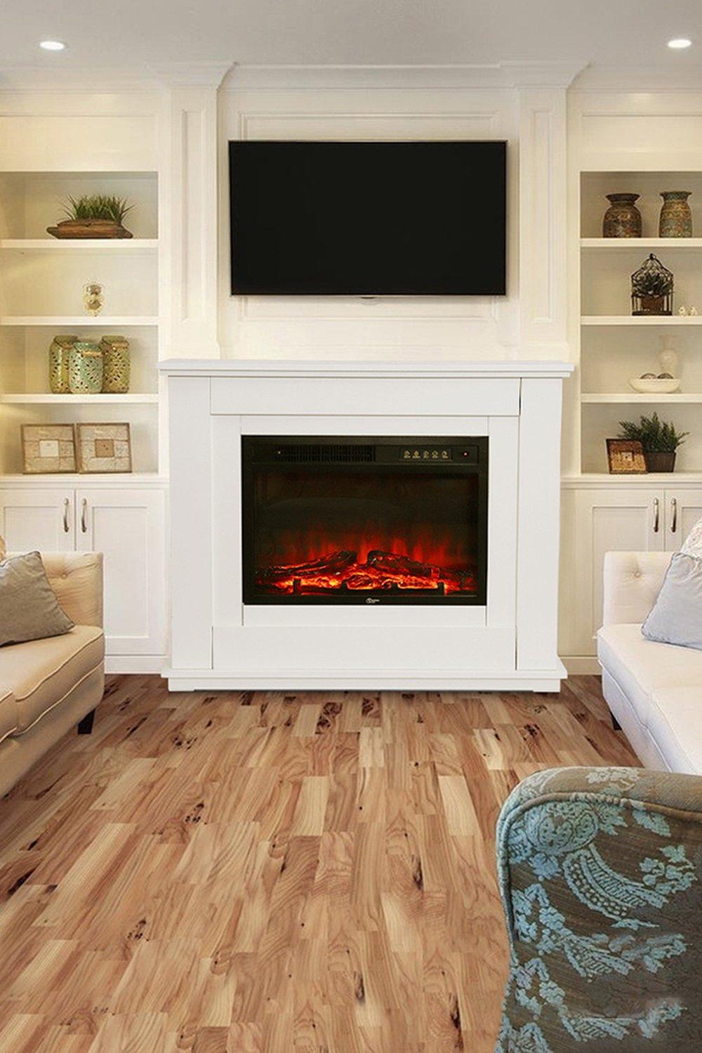 Electric Fireplace with White Wooden Mantel
