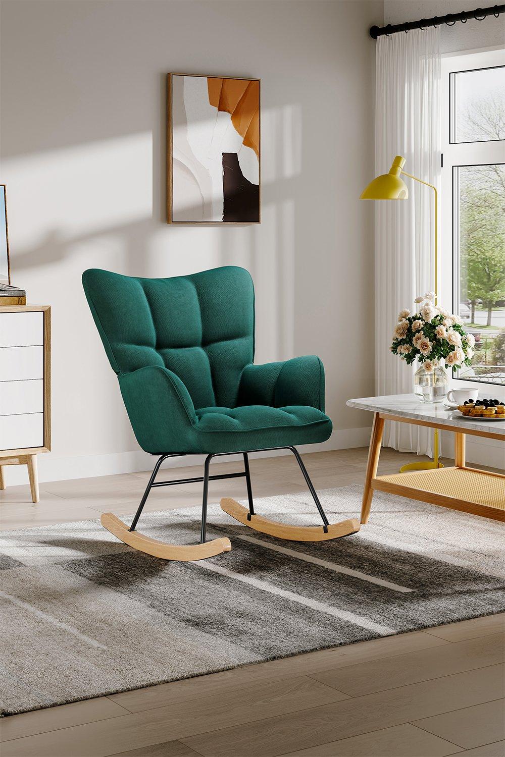 Green Linen Check Tufted Rocking Chair