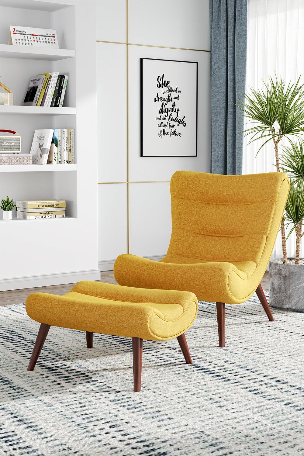Yellow Modern Terry Cloth Curved Armless Recliner with Footstool