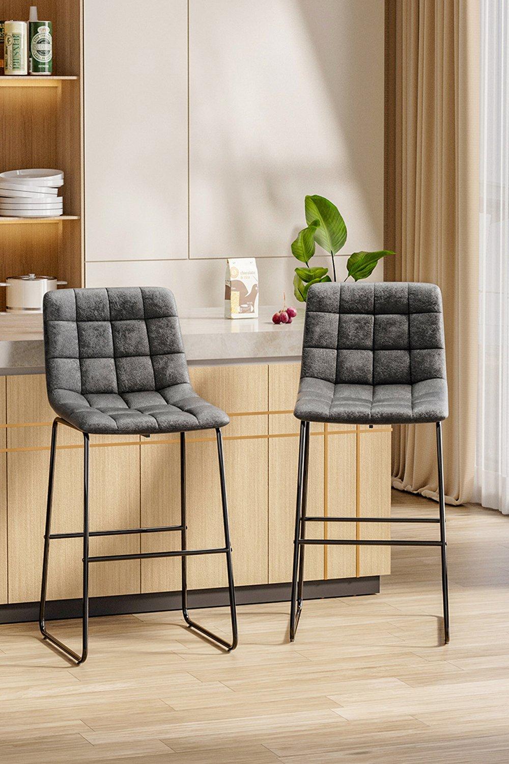 2Pcs Grey Grid Faux Leather Height Bar Stool Counter Dining Chair