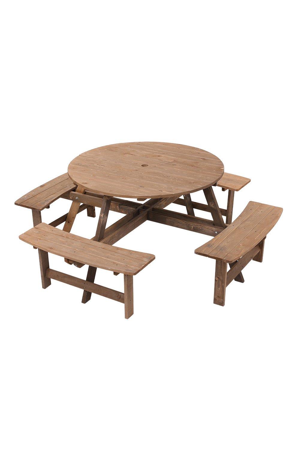8-Person Round Wood Picnic Table and Bench Set