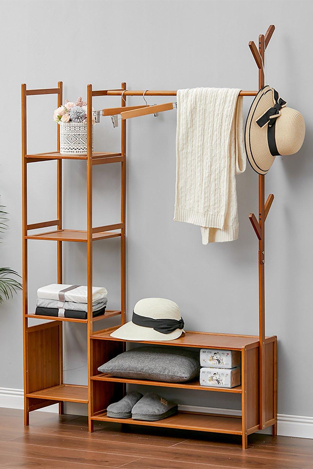 Minimalist Style Open Floor-Standing Bamboo Clothes Rack with Shelves